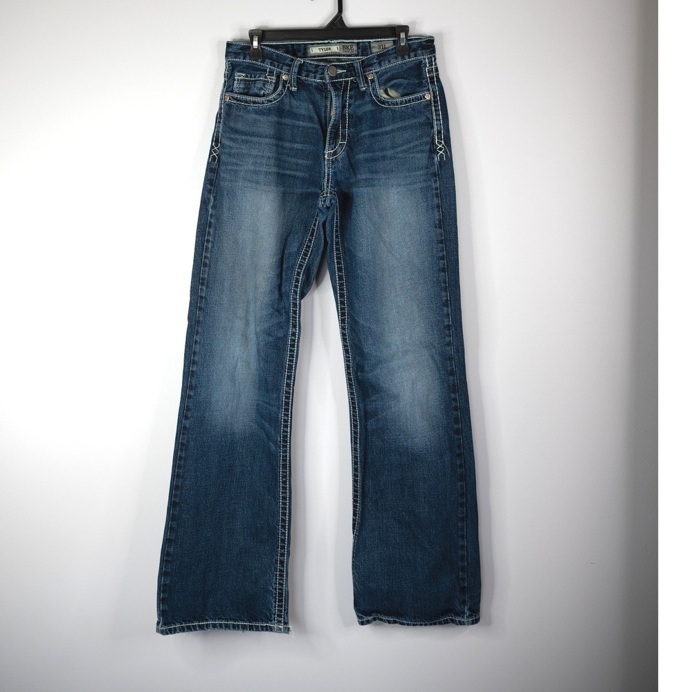BKE Tyler Jeans Mens 31L Blue flair Distressed Straight Leg Contrast Stitch